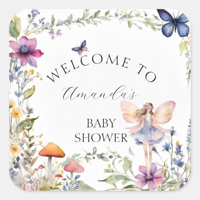 Wildflower Fairy Garden Butterfly Baby Girl Shower Square Sticker (Front)