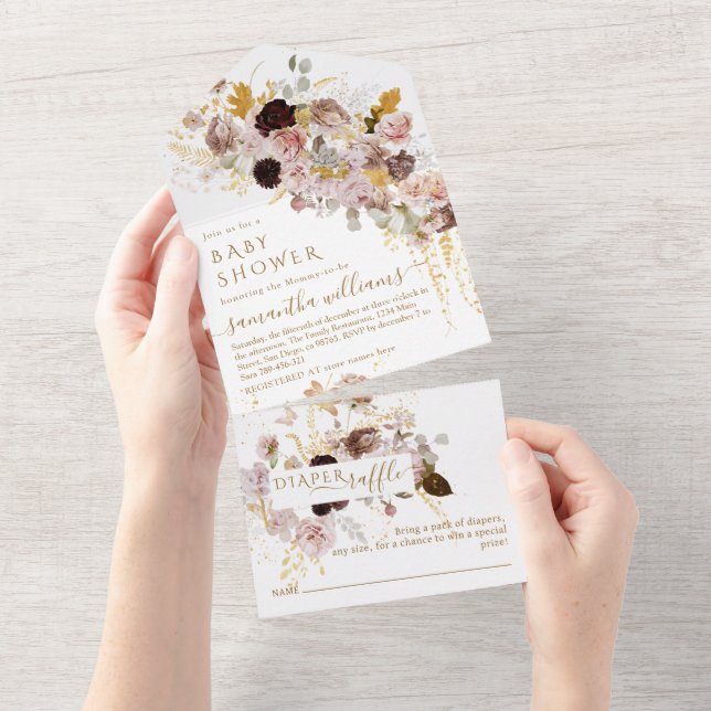 Wildflower Fall Elegant Gold Baby Girl Shower All In One Invitation (Tearaway)