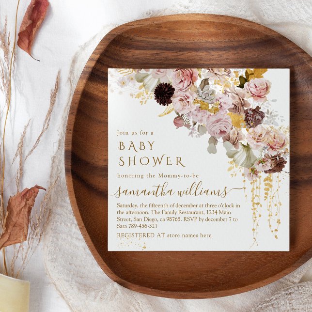 Wildflower Fall Elegant Gold Baby Girl Shower Invitation (Creator Uploaded)