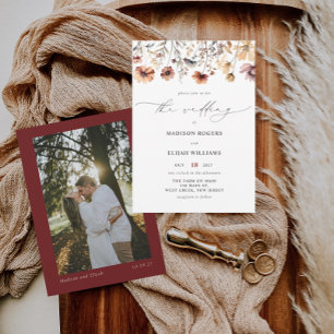 Wildflower Fall Floral Burgundy Photo Wedding Invitation