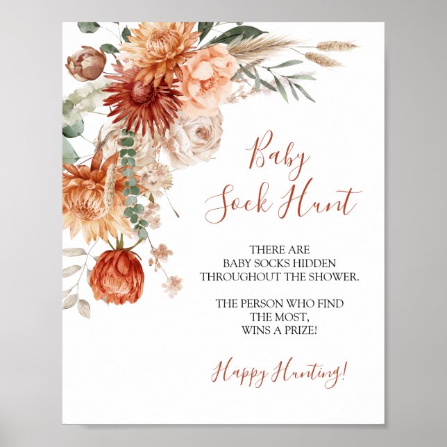 Wildflower Fall in Love Baby Shower Baby Sock Hunt Poster (Front)