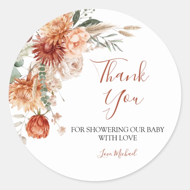 Wildflower Fall in Love Baby Shower Thank You Classic Round Sticker (Front)