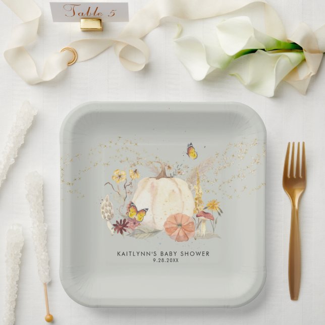 Wildflower Fall Pumpkin Mushrooms Boy Baby Shower Paper Plate (Wedding)