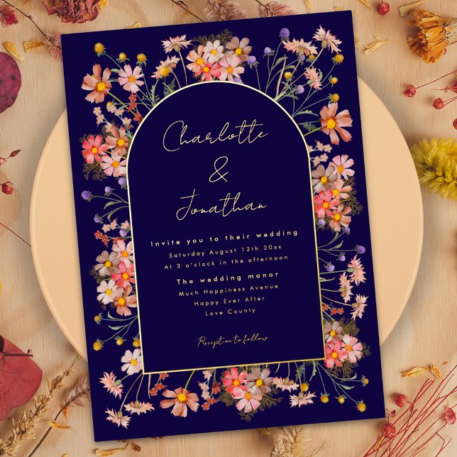 Wildflower Fall Wedding Navy Blue Gold (Gold foil wildflower arch navy blue fall wedding invitation with watercolor dried flowers)
