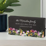 Wildflower Family Name Watercolor Wild Flowers Wooden Box Sign<br><div class="desc">Pretty wildflower wooden box sign personalised with your custom text, such as your family name, your first names and date established. The design features watercolor delicate wild flowers in pink orange and yellow. It is lettered with casual modern script and whimsical typography. Feel free to change the font or background...</div>