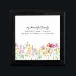Wildflower Family Name with Kids Names Gift Box<br><div class="desc">Pretty wildflower jewellery box personalised with your custom text, such as "my beautiful family" and the first names of your kids, in-laws and/or grandchildren. The design features delicate watercolor meadow wild flowers in pink orange and yellow. It is lettered with casual modern script and whimsical typography. Feel free to change...</div>