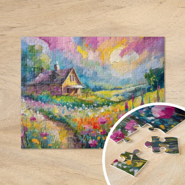 Wildflower Farmhouse Landscape Modern Abstract Art Jigsaw Puzzle (Creator Uploaded)