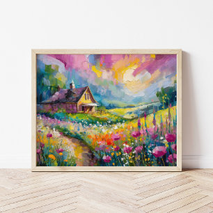 Wildflower Farmhouse Landscape Modern Abstract Art Poster
