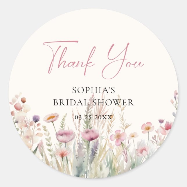 Wildflower Field Bridal Shower Watercolor Spring  Classic Round Sticker (Front)