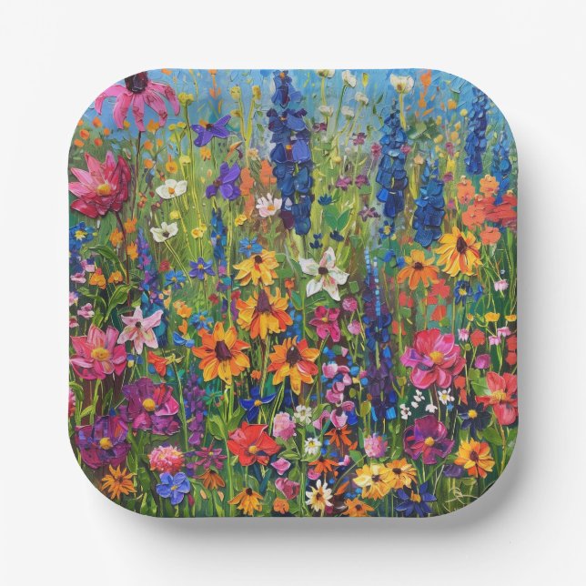 Wildflower field colourful painting paper plate (Front)