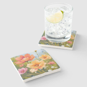 Wildflower Field   Watercolor Flowers Botanical Stone Coaster