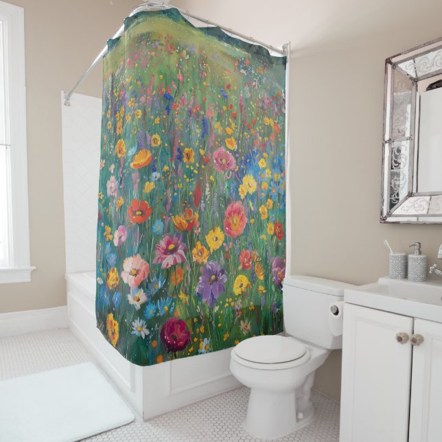 Wildflower field watercolor painting shower curtain (In Situ)