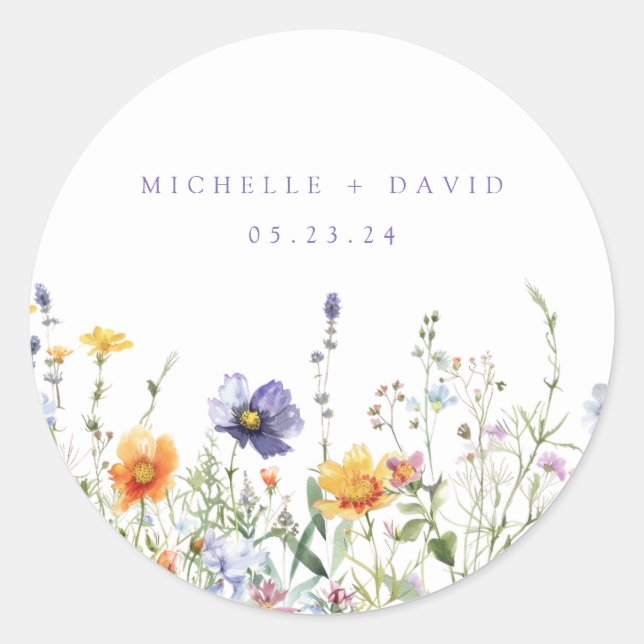 Wildflower Field Wedding Classic Round Sticker (Front)