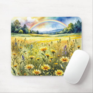 Wildflower Field with Rainbow in Watercolor Mouse Pad