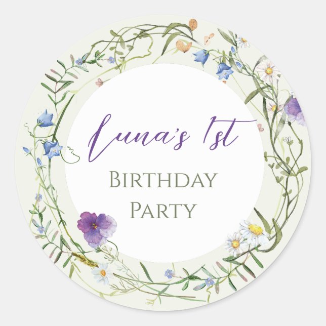 Wildflower First Birthday Classic Round Sticker (Front)