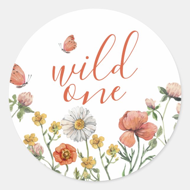 Wildflower first birthday party classic round sticker (Front)