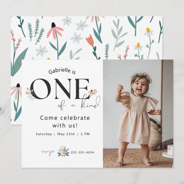 Wildflower First Birthday Photo Invitation (Front/Back)