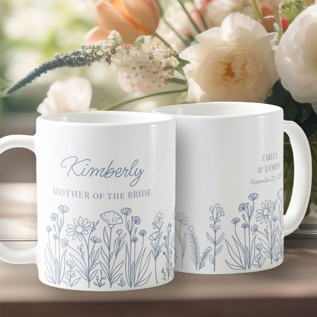 Wildflower Floral Any Colour Line Drawn Border Coffee Mug (Wildflower Wedding Party Gift Mug to personalize for your bridesmaids, mother of the bride etc ..)