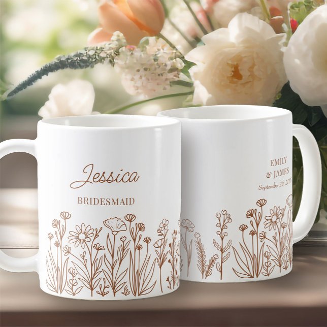 Wildflower Floral Any Colour Line Drawn Bridesmaid Coffee Mug (Wildflower Wedding Party Gift Mug to personalize for your bridesmaids, mother of the bride etc ..)