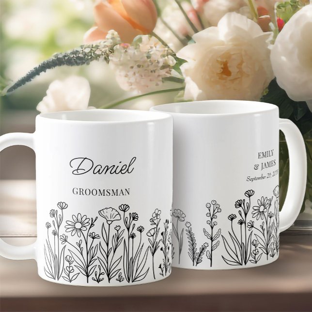 Wildflower Floral Any Colour Line Drawn Groomsman Coffee Mug (Wildflower Wedding Party Gift Mug to personalize for your groomsmen, father of the bride etc ..)