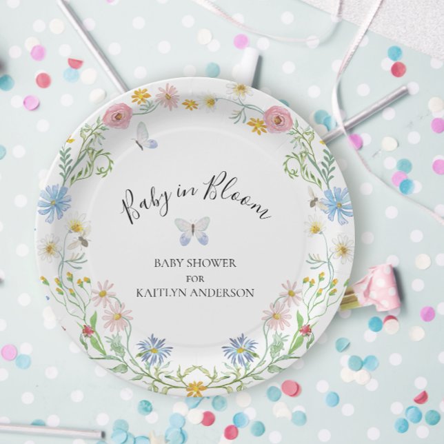 Wildflower Floral Baby in Bloom Butterfly Shower Paper Plate (Creator Uploaded)