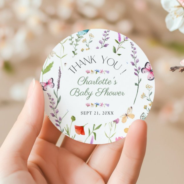 Wildflower Floral Baby Shower Thank You Favour Classic Round Sticker (Creator Uploaded)