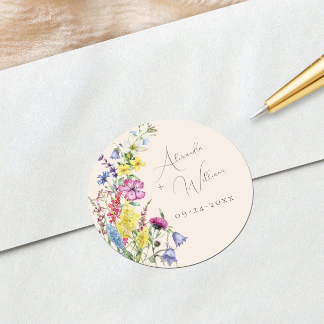 Wildflower Floral Beige Boho Wedding Classic Round Sticker (Creator Uploaded)