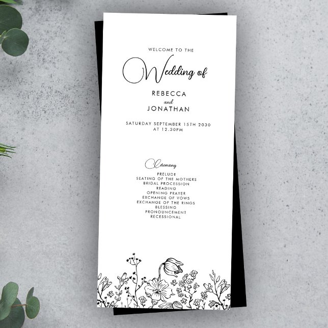 Wildflower Floral Black White Wedding Program (Creator Uploaded)