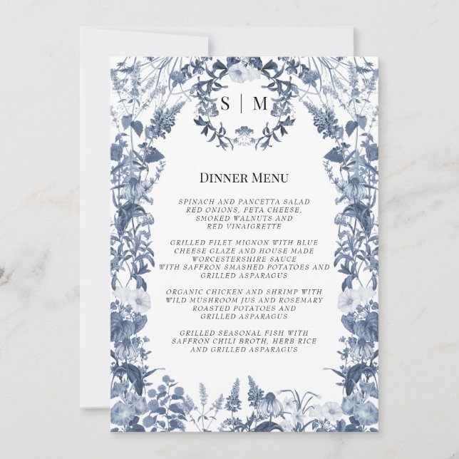 Wildflower Floral Blue and White Wedding Menu Invitation (Front)
