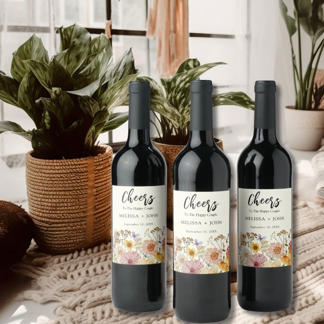 Wildflower floral cheers wedding wine label (Creator Uploaded)