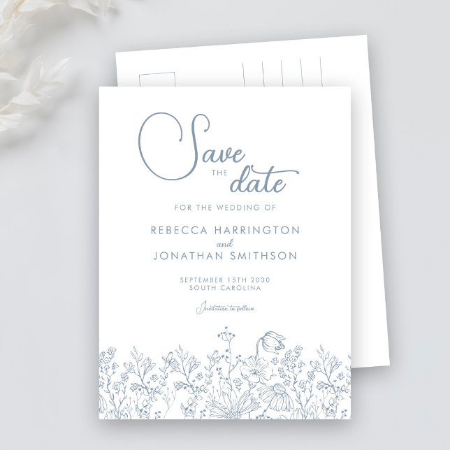 Wildflower Floral Dusty Blue Wedding Save The Date Invitation Postcard (Creator Uploaded)