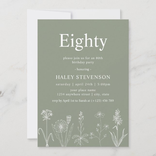 Wildflower Floral Eighty Sage Green 80th Birthday Invitation (Front)