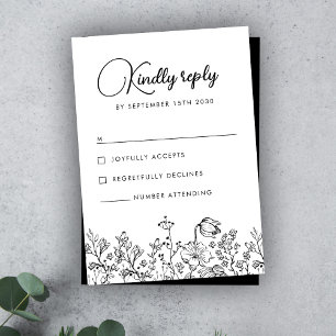 Wildflower Floral Elegant Black White Wedding RSVP Card
