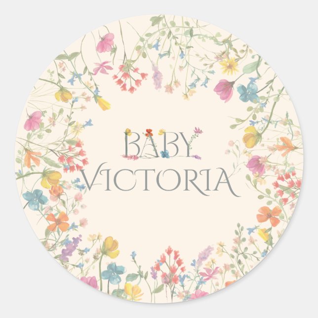 Wildflower floral garden Baby Shower  Classic Round Sticker (Front)
