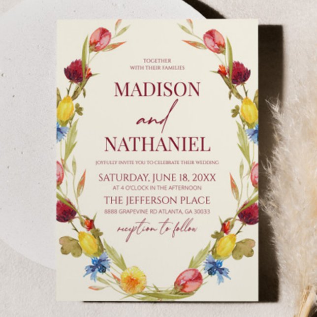 Wildflower Floral Garden Flower Wreath Wedding Invitation (Creator Uploaded)