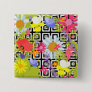 Wildflower Floral Garden on Geometric Pattern 15 Cm Square Badge