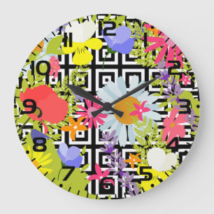 Wildflower Floral Garden on Geometric Pattern Large Clock