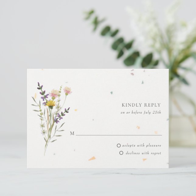 Wildflower Floral Garden Speckletone Wedding RSVP Card (Standing Front)