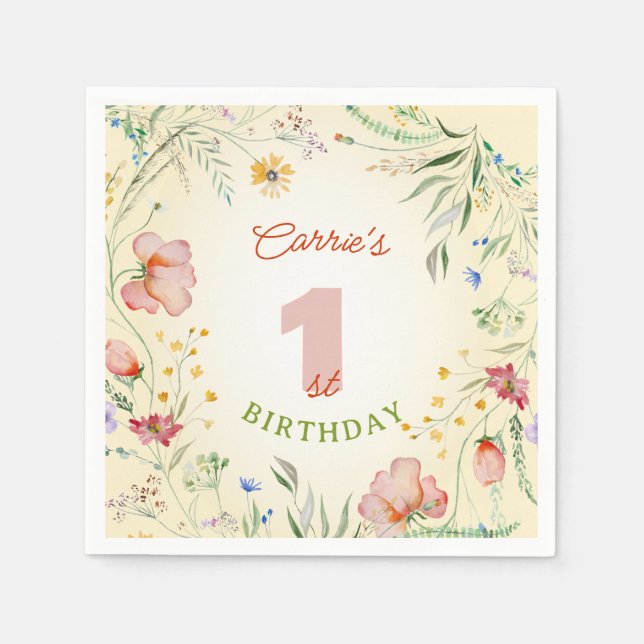 Wildflower Floral Girl's 1st First Birthday One Napkin (Front)