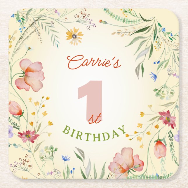 Wildflower Floral Girl's 1st First Birthday One Square Paper Coaster (Front)