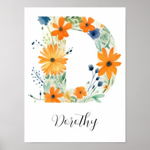 Wildflower Floral Initial Letter D Print