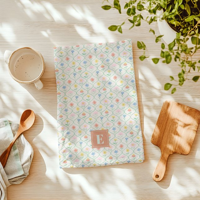 Wildflower Floral Kitchen Towel with Initial (wildflower geometric pattern kitchen towel with monogram)