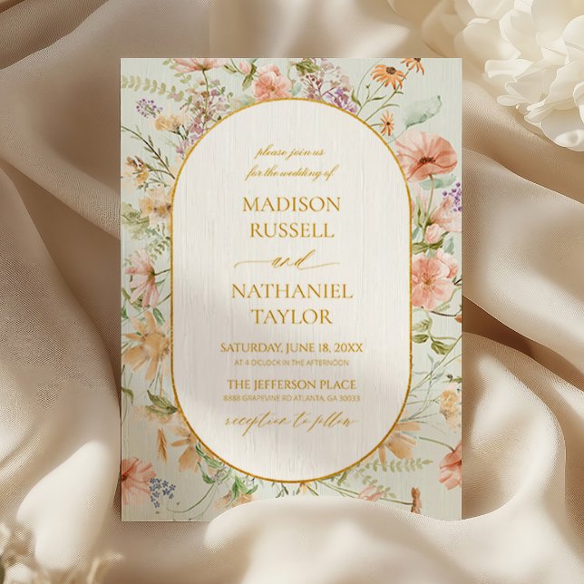 Wildflower Floral Meadow Gold Frame Wedding Invitation (Creator Uploaded)