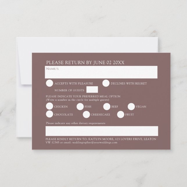 Wildflower floral meal option brown fall wedding RSVP card (Back)