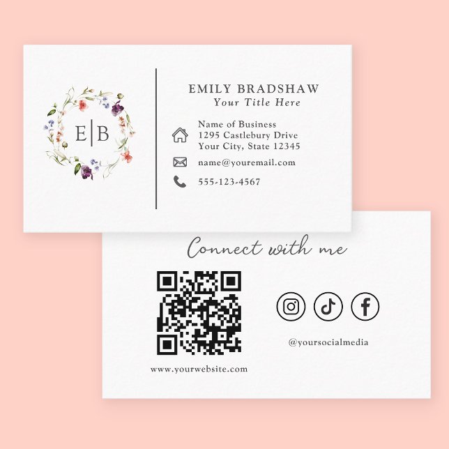 Wildflower Floral Monogram Logo QR Code Business Card (Creator Uploaded)