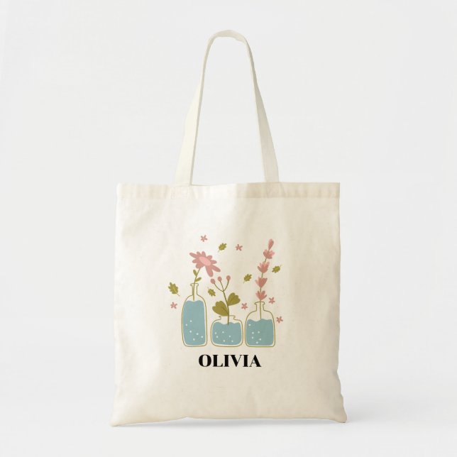 Wildflower Floral Monogram Name Tote Bag (Front)
