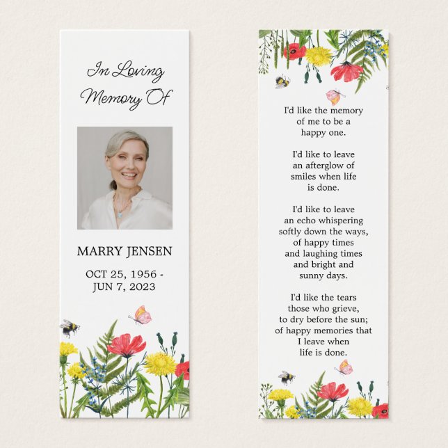 Wildflower Floral Photo Funeral Memorial Bookmark (Front & Back)