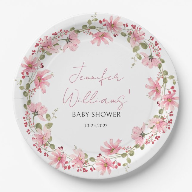 Wildflower floral pink baby shower paper plates (Front)