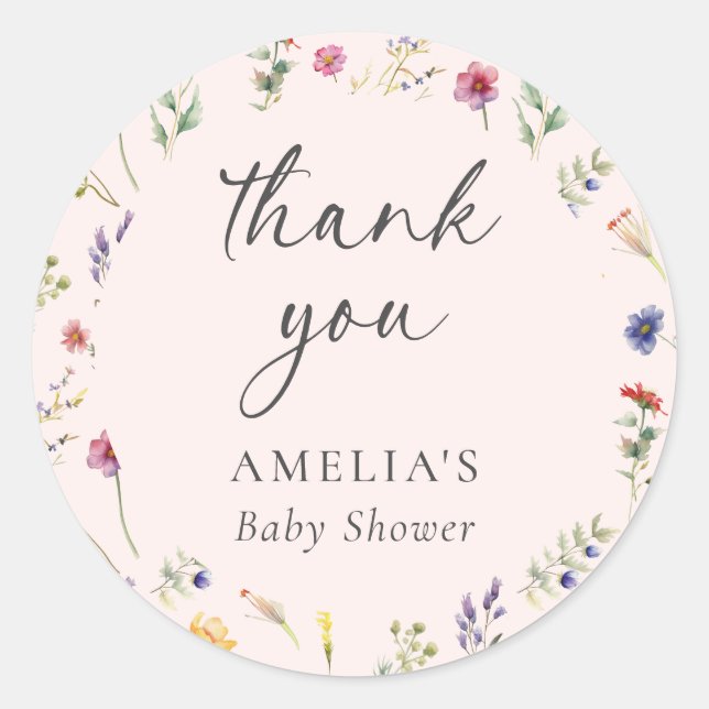 Wildflower Floral Pink Baby Shower Thank You Classic Round Sticker (Front)