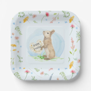 Wildflower Floral Rabbit Easter Blue Watercolor Pa Paper Plate